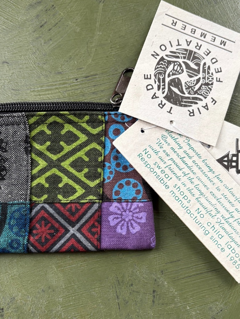 Fair Trade Colorful Patchwork Zip Pouch - Green, Purple, Blue, Red, Black
